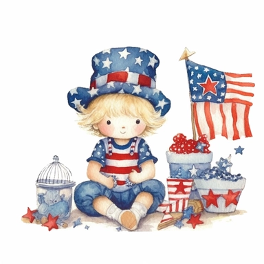 watercolor illustration, cute 1st of July clipart, high resolution, detailed doodle, white background, doodle clipart USA