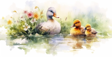 Adorable mother and baby duck, lake, countryside, pastel colours, ornamental watercolor clipart, white background, I can’t believe how beautiful this is