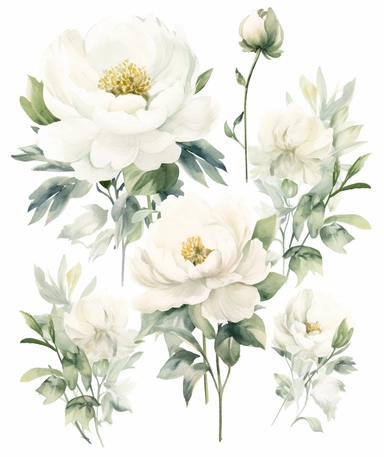 dreamy bohemian watercolor white peony flowers clipart,VINTAGE VICTORIAN STYLE, fairy style, muted color, watercolor touch, with elements of green leaves, wildflowers, elegant, light, airy, fresh, classy, modern, minimalist design, no borders, the overall aesthetic exudes modern and fresh, no text or writing, includes blank space for text and writing, WHITE background, watercolor splashes, FOR CARD, hd, white background: