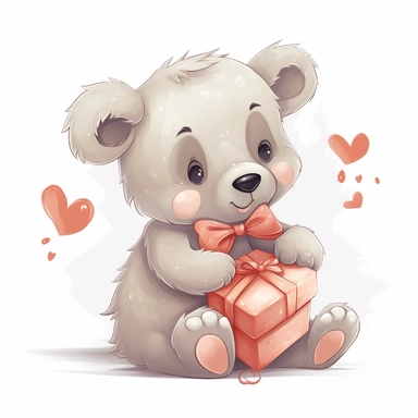 Clipart of a cute baby bear with a heart-shaped gift on a white background
