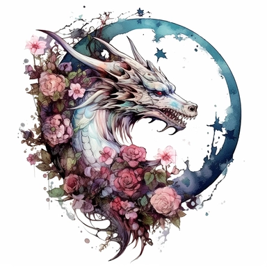 creepy magic magical dragon with flowers crescent moon and stars clipart, detailed, white background, illustration painting, collaged constructions, digital art, watercolor, in the style of sculptural and geometric, forced perspective drawings, Geometric brushstrokes form an intriguingly abstract, in the style of dark fantasy, creepy frightening repulsive images, frightening, painterly figure, by Pablo Picasso, by Wassily Kandinsky, by Zdzisław Beksiński