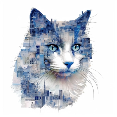 cat, Blue eyes, collage quirky cool collage city, Felis catus clipart, white contour detailed, clean line, hd, on white background, spaced out