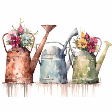 clipart style painted watering cans, vintage, oil paint of flowers, plain white background