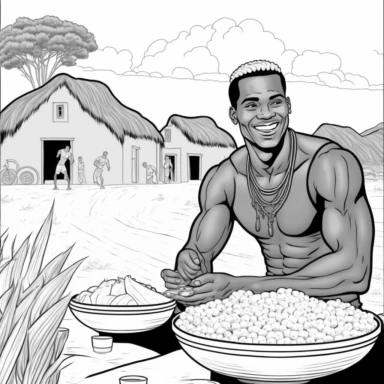 a tribal african man smiling and placing a large bowl of corn on the ground, village background dirt road floor, rural background coloring page for adults, no color, risp lines, coloring pages for adults, think lines,clipart, vector, full body, no shading, full body, realistic, 4k, detailed
