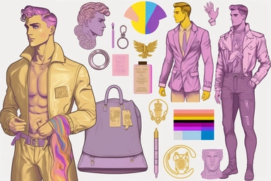 lgbt pride clipart, lgbt men, rainbows, in the style of light violet and light amber, hand-painted details, primitivist elements, bold gestures, light yellow and light pink, culturally diverse elements, use of precious materials