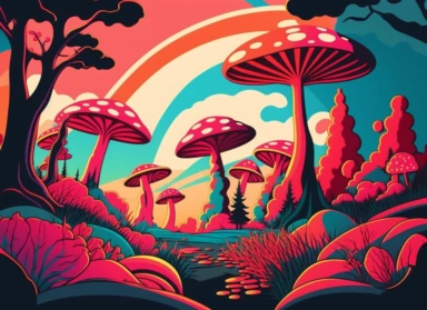 Expressionist Landscape Painting: magic mushrooms, Vibrant Colors, pink + green, Intense Emotions, Fauvism, art deco,, red fly agaric mushroom, chanterelles, pop art deco nouveau, flat 2d vector design, illuminati priestess, clipart, detailed trace