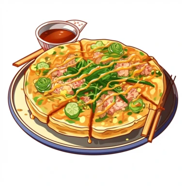Visualize a vibrant, detailed clipart of a mouth-watering okonomiyaki. The savory pancake is filled with a variety of ingredients like cabbage, pork belly, and green onions. It's topped with a beautiful pattern of mayonnaise and okonomiyaki sauce, and finished off with a generous sprinkle of bonito flakes that appear to dance on the pancake. All set against a clean, white background that accentuates the colors and texture.