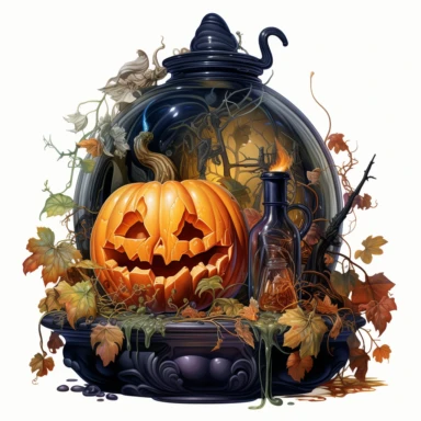 an svg vector clipart image of a Halloween still life oil painting inside an organic shape, Thomas Kincade style, hyper realistic, plain white background