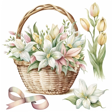 watercolor Easter lily flowers in basket, ribbon bow, Easter element, clipart, on white background