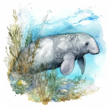hand drawn Florida manatee, in crystal blue water, underwater with plants, very detailed and realistic, watercolor, white background with margins, clipart style