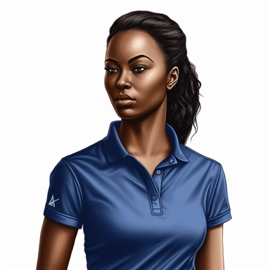 photo-realistic, partial profile, waist-level view of beautiful, speaking angry, with piercing black onyx eyes, physically fit African American woman, age 25, wearing a very stunning royal blue polo shirt, waist view on white background for vector clipart