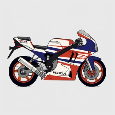 Create a simple and recognizable clipart-style image of a 1992 Honda CBR900RR FireBlade in a side view. The clipart should be easy to recognize and distinguish from other types of motorcycles. The 1992 Honda CBR900RR FireBlade should be drawn in a clean and minimalist style, using simple lines and shapes to convey its essential features and contours. The image should be easy to resize and scale without losing quality or detail, and should be suitable for use in a variety of contexts, including p