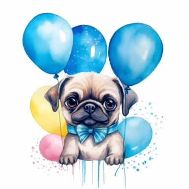 watercolor clipart white background moving living blue cartoon cute puppy pug dog birthday