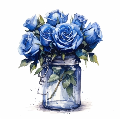 A watercolor painting of blue roses in a jar, in the style of nostalgic illustration, graceful, illustration, transparent layers, elegant, emotive faces Sublimation Clipart,hyper realistic, intricate detail, illustration style,high solution,on the white background