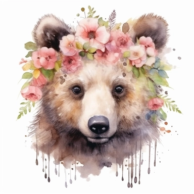 isolated clipart, cute bear with flowers on its head, highly realistic, flickr, watercolorist, uhd image, multi-layered mixed media