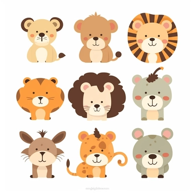 cute clipart of a [lion, giraffe, monkey, hippo], collage style, flat color, svg, rough shapes, silhouette, white background, few details