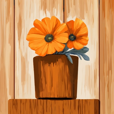 orange Flower inside a brown wood Pot Clipart in the style of oil painting, clean lines on a white background