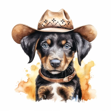 watercolor beautiful cartoon cowboy baby dog portrait drawing, illustration clipart, detailed, black outline, white background, digital art