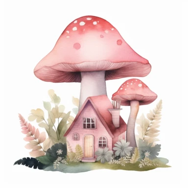 Watercolour light pink mushroom house clipart with flower, no text