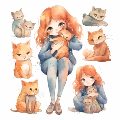 multiple poses characters of a girl hug her cat , watercolor in cartoon grunge style clipart on white background