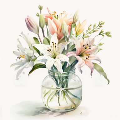 [1256103180] Watercolor clipart. Soft pastel hues blend together in this watercolor depiction of a lily bouquet in a transparent glass vase, creating a serene and calming atmosphere.. White background. No text. No caption. No logo