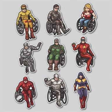 6 clipart elements, series of very hyperdetailed colorful stickers, cool people with disabilities, marvel style, superheros, each sticker with a clear white outline between each element, light grey background, realistic