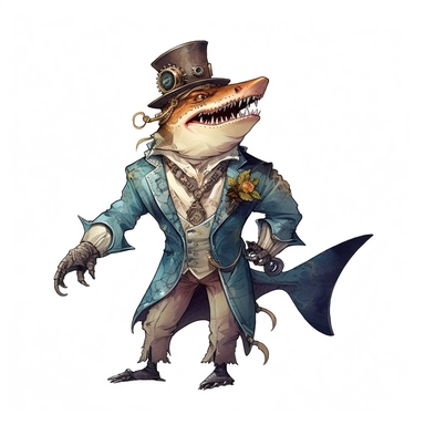 professional gouache hand-painted full body illustration of a steampunk shark-man, Victorian clipart, isolated against white background, accurate, natural form, simple playful style, deep colour, softly lit by golden hour sunlight