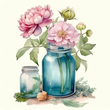 green glass without lid Jars full of flowers ,watercolor, cottage core,peony painted by ann buccarelli,insanely high quality, watercolor , white background, clipart, vintage,high resolution, 8k