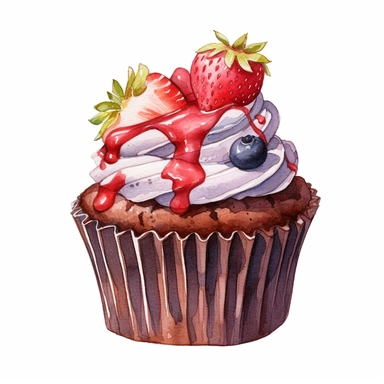 Watercolor Yummy chocolate stawberry cup cake clipart, hd, single object, white background