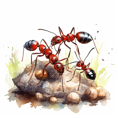 Ants watercolor clipart, white background, neutral muted colors, high quality, hyperrealistic, detailed, red, blue, white, picnic