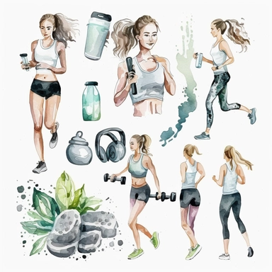 watercolor exercise cliparts, gym cliparts, exercising women clipart, healthy lifestyle clipart, white background