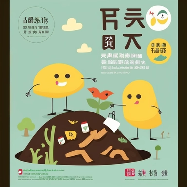 create a clipart poster for a compost learning activity that mainly targets at kids, the subject of the poster can be a compost bin or wasted food or somthing else, main title in the top of the picture, very simple minimalist cartoon clipart, flat graphic design illustration, less saturated color theme