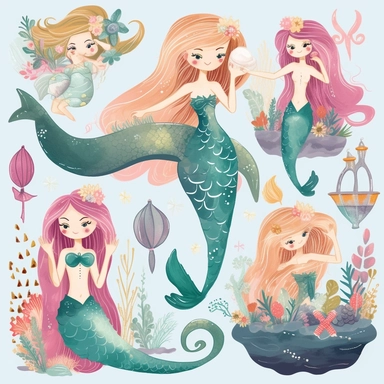 enchanting Cartoon Magical Mermaid Clipart! Dive into a world of whimsy and wonder with these detailed and adorable mermaid illustrations. Each mermaid is meticulously designed with charming features, vibrant colors, and intricate details that will captivate both children and adults alike. With a white background, these clipart images are versatile these cute and lovable mermaids are sure to make a splash! Let your imagination swim free with our delightful mermaid clipart.