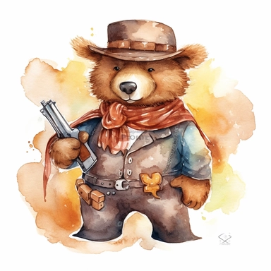 A cute watercolor clipart of a teddy bear dressed in Wild West cowboy attire, with a hat, boots, and a bandana around its neck. The bear has a confident stance and a revolver in its holster