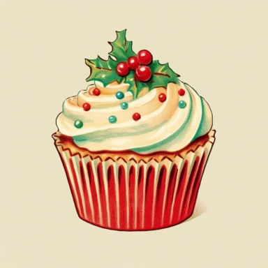 vintage Christmas cupcake clipart, with frosting, sprinkles, candy, m’n’ms, 1940s , chromolithograph, on a cream colored background