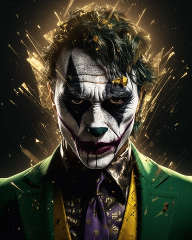 Digital art, Incredibly Detailed Extreme Face Closeup of Joker with gold makeup and black hair, in the style of dadaist photomontage, octane render, kintsugi, devilcore, raw character, dark silver and gold, sony alpha a7 iii. Wearing a gold suit with black accents, a purple shirt, and a green tie, he stands in front of a chaotic collage of newspaper clippings, posters, and photographs, some of them torn or burned. His face is covered with gold paint, except for his eyes and mouth, which are exag
