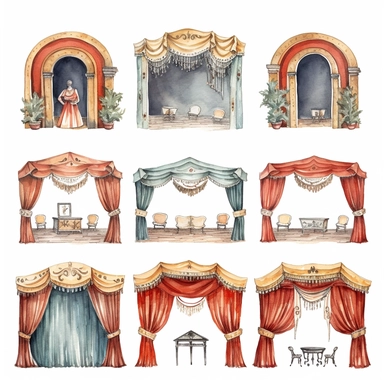 watercolor 1910s 1920s 1930s 1940s theatre stage, illustrations clipart set, simple, , cartoon elements ,different variants ,shows,separate elements with a margin