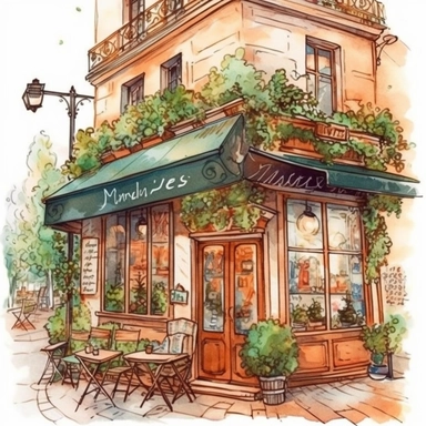 ultra realistic commercial shot of watercolor illustration style of small cute french cafe view clipart, glowing plants clipart, delicious pastry, illustration style, 8k trending in etsy, super bright vivid, svg, white background, art nouveau art style, ink contour