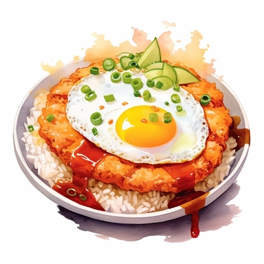 Katsudon (deep-fried pork cutlet with egg over rice) watercolor clipart in white background