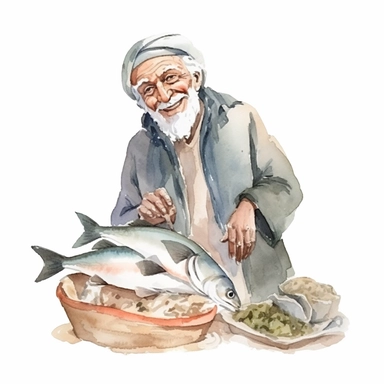 an happy old man selling fish in the market, ancient egipht, clipart, watercolor, no lettering, no image noise, white background