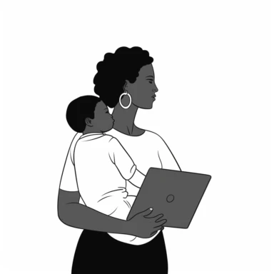 A minimalist black and white clipart showcasing a dedicated mother balancing the roles of caregiver and professional. Depict her holding a child in one arm while focused on her laptop, all set against a clean white background.