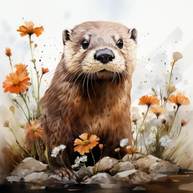 Whimsical otter on spring meadow watercolor clipart, white background