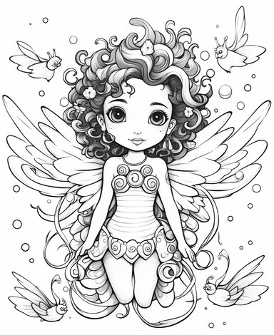 a cute, bi racial, curly haired, Ocean Fairy, with wings, swimming with dolphins, Kawaii for a children's book, cartoon style, thick lines, black and white, no shading, line drawing illustration, no kid faces, no duplicate faces, blurry, drawing, cartoon, illustration, painting, concept art, cgi, unreal, anime, black&white, b&w, picture frame, deformed, bad anatomy, disfigured, poorly drawn face, mutation, mutated, extra limb, poorly drawn hands, done by bad-artist, ugly, dazed, 3D render, 3D ga