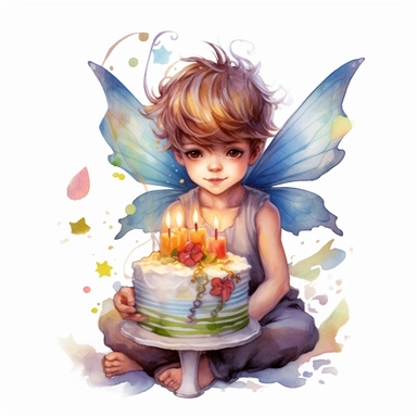beautiful fairy boy Birthday, illustration clipart, high detailed, white background, digital art, watercolor, hd