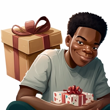 2d, handsome , sitting smiling plus size black teen boy birthday party clipart, opening birthday presents, cartoon realistic, 32k uhd