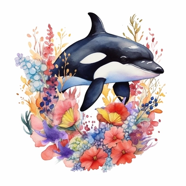 watercolor orca whale playing with fishes seabed, flowers real clipart on white background