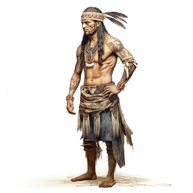 full body of a native american man in his twenties, he has a long beard, not wearing a shirt, he has tribal tattoos, he is wearing a skirt, he is wearing a pirate hat, white vignette, isolated images, watercolor realistic, clipart, watercolor edges, on white background, painted on white background, realistic, highly detailed, hdr, 32k