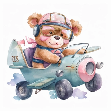 watercolor clipart cute happy teddy bear wearing pilot glasses on driving pink plane, white background