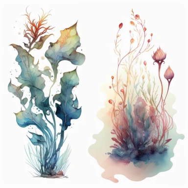 water plants, light watercolor clipart, isolated on white background, James Jean and Peter Mohrbacher, no text, no captions