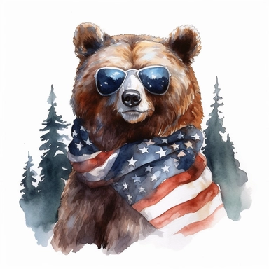 a robust grizzly bear with towering redwood trees, wears American flag scarf and sunglasses, snow-capped mountains, colorful ink wash paintings, anime-inspired character designs, hyper-realistic animal illustrations, 2d game art, quadratura, clipart, on white background,